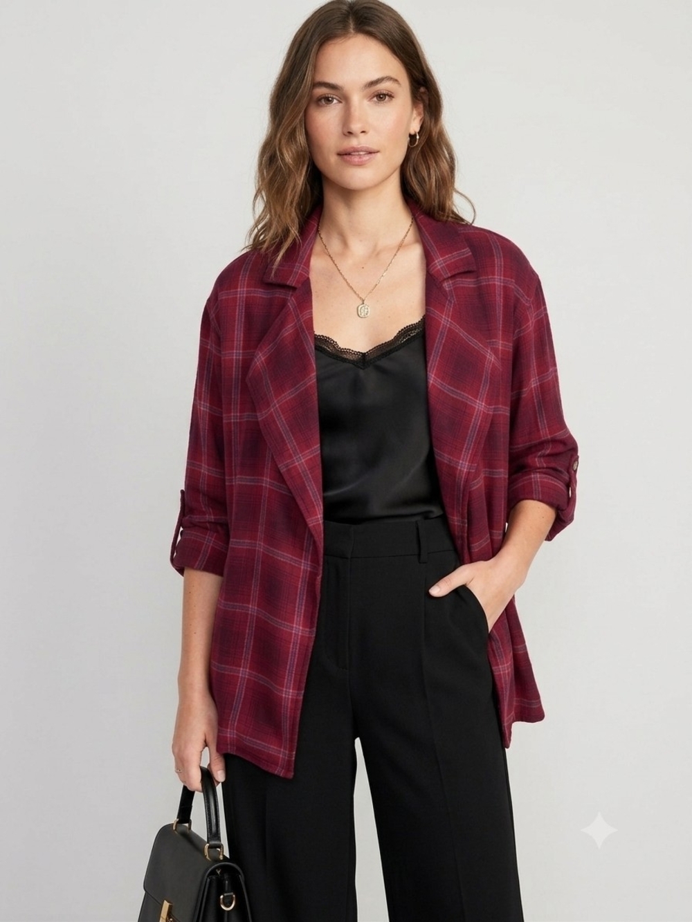 Ady P Chic Burgundy Plaid Open Front Blazer Jacket    Size M